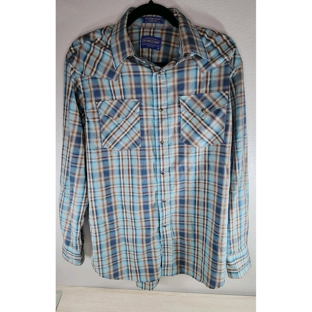 Pendleton Frontier Shirt Men Medium Blue Tan Plaid Western‎ Pearl Snap Flap Pkts